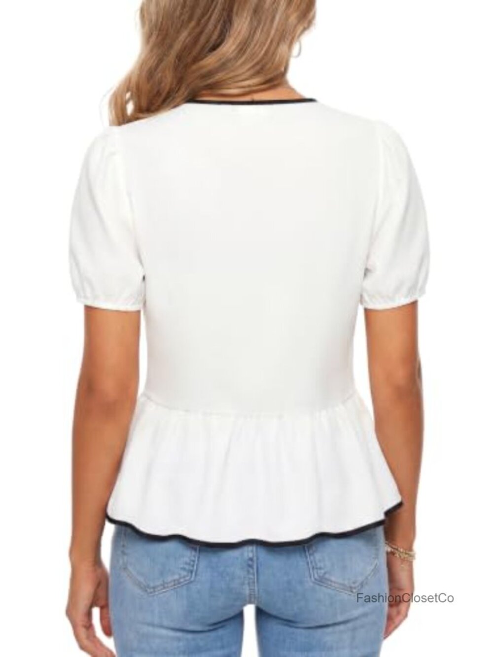 Women's Puff Sleeve Lace Trim Peplum Blouse Button Up - Picture 4 of 6